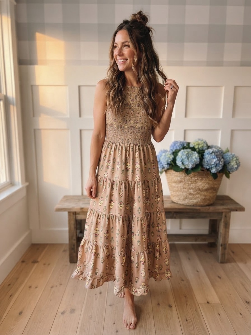 Ann Taylor Taupe Floral Smocked Tiered Maxi Dress XS P